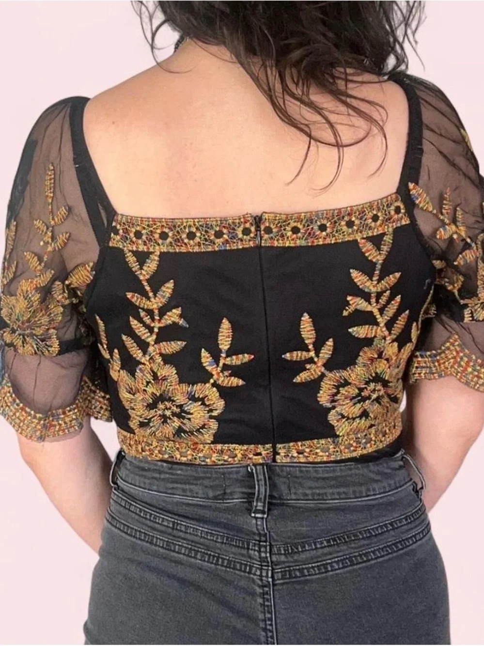Black Sheer Embroidered Tie-Front Bodysuit with Gold Floral Detail - Picture 5 of 7
